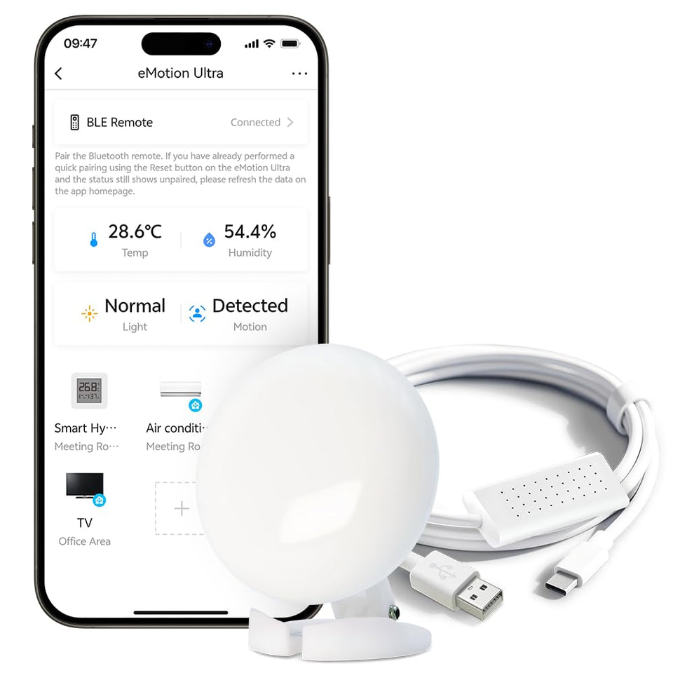 LinknLink eMotion Ultra front view showing smart sensor and status LED, easy setup benefit
