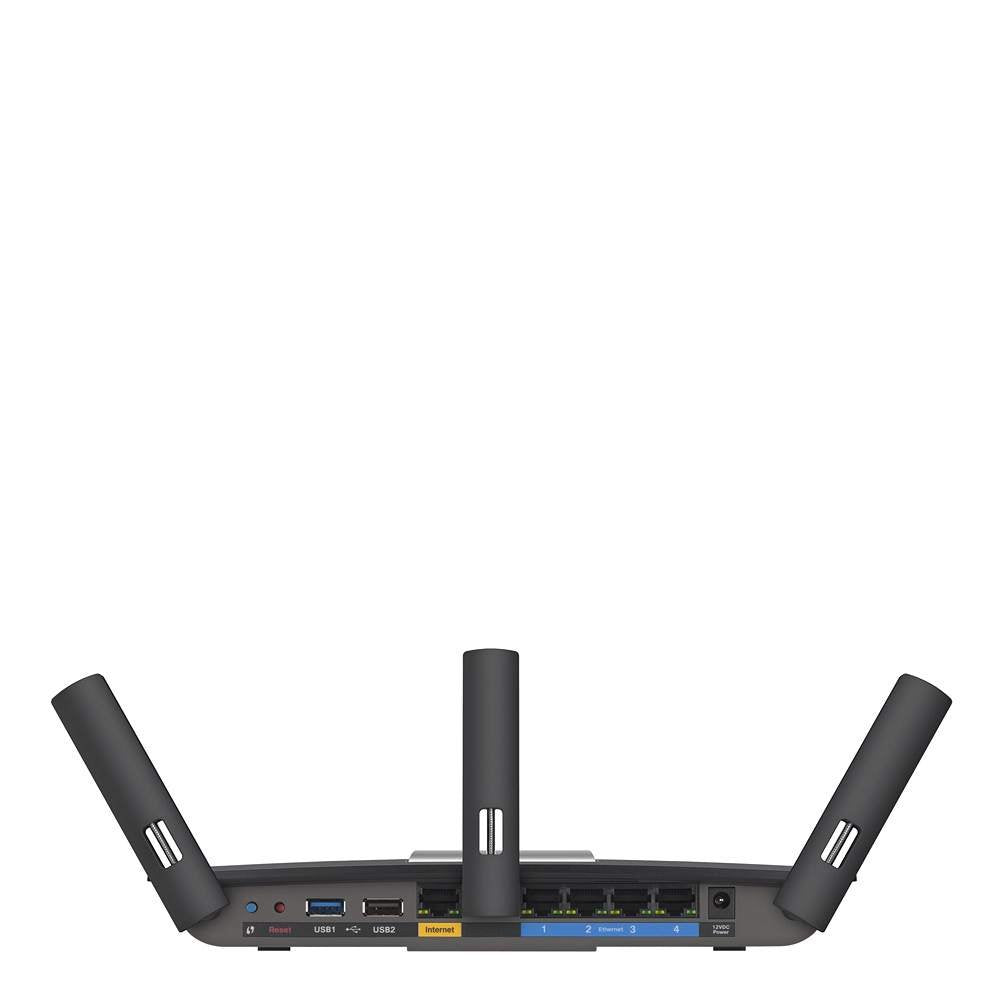 Linksys AC1900 router ports view showing USB 3.0 and Gigabit ports for fast sharing.