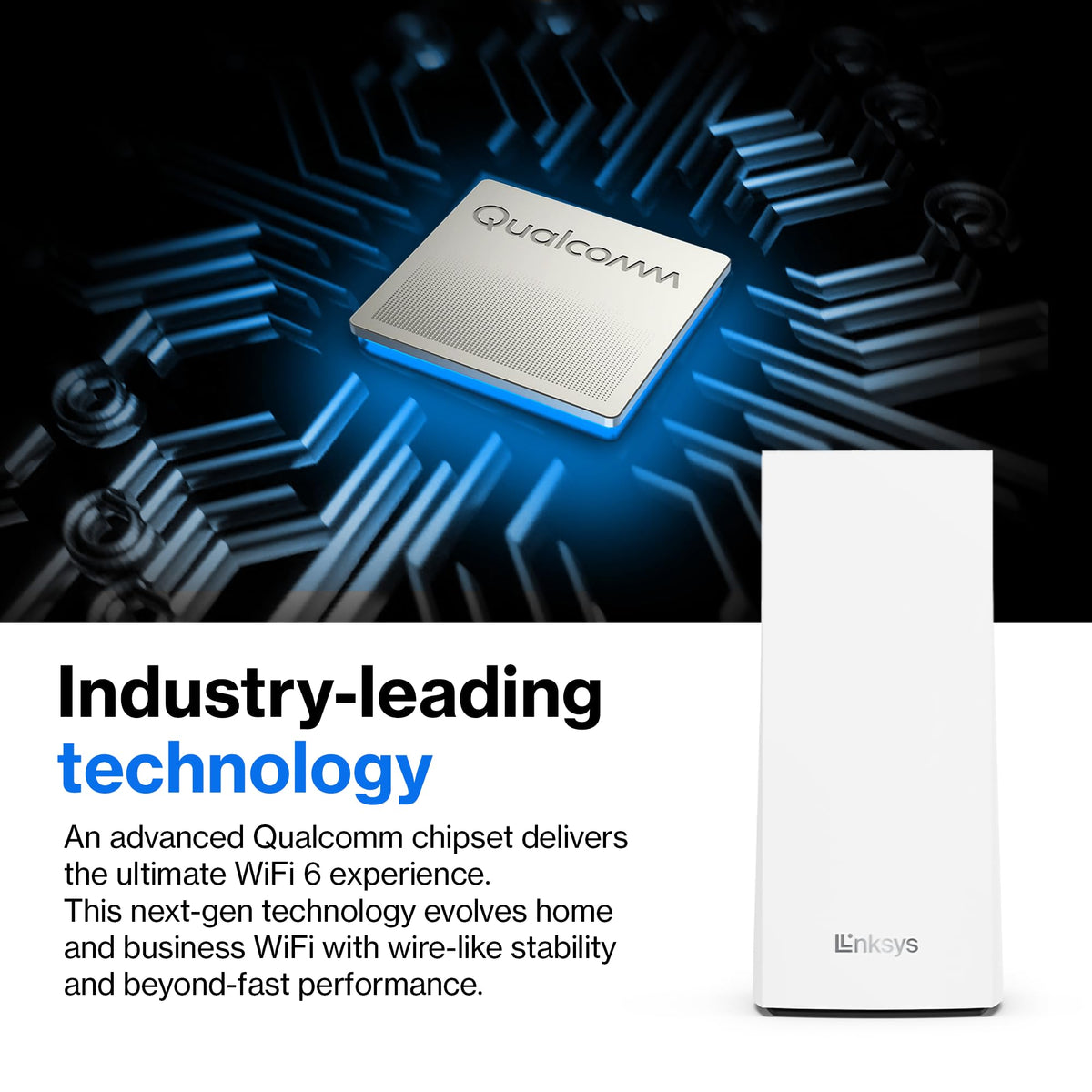 Linksys Atlas 6 mesh node illustrating room-to-room coverage for multiple devices.