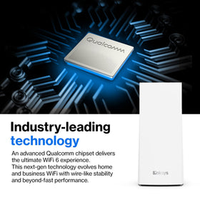 Linksys Atlas 6 mesh node illustrating room-to-room coverage for multiple devices.