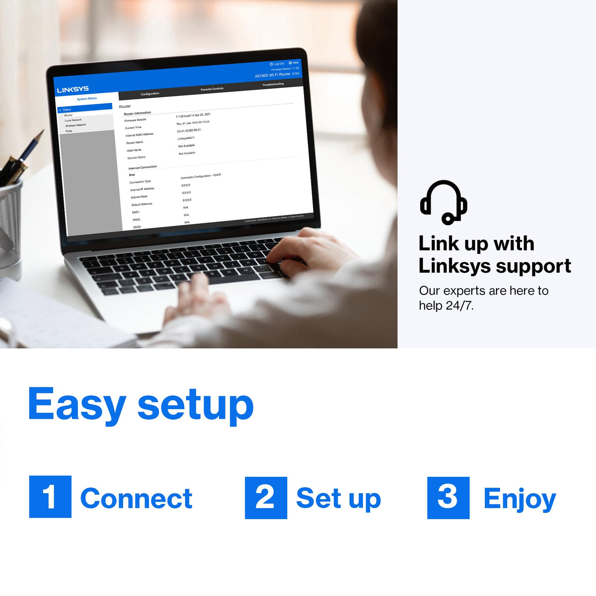 Linksys E5350 connected to modem via Ethernet for stable high-speed internet