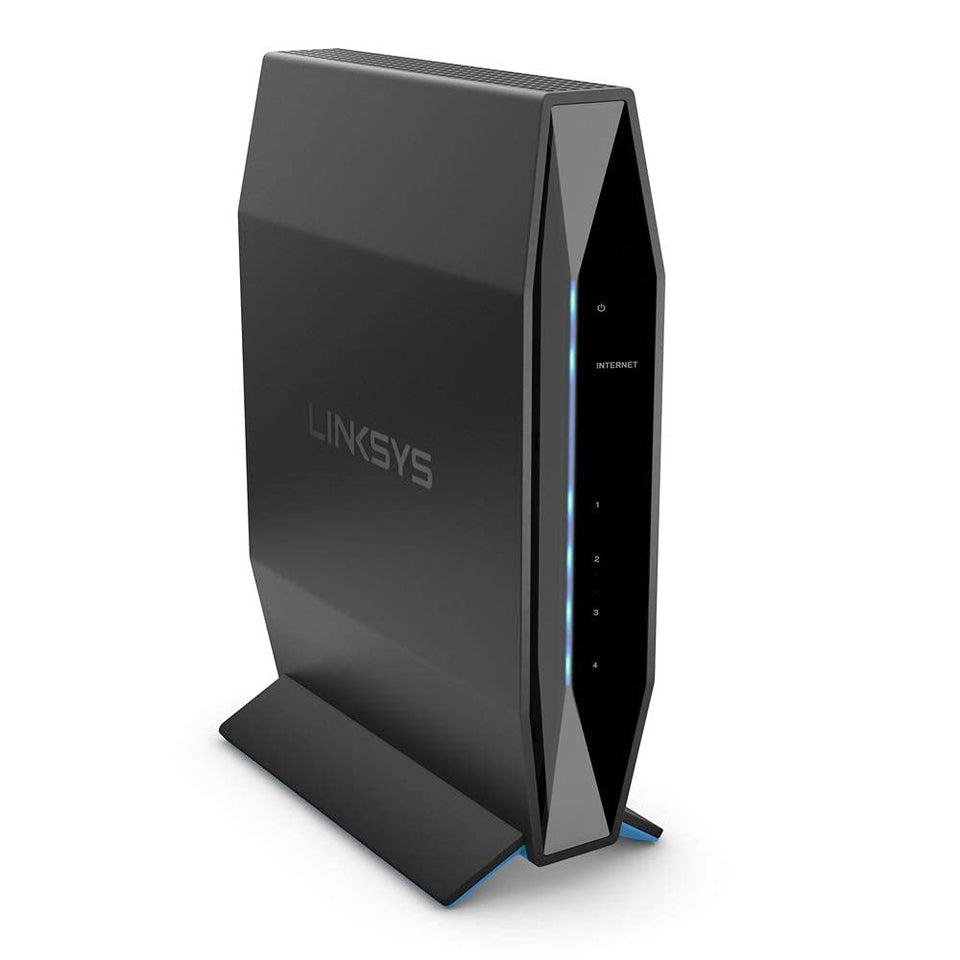 Linksys E8450 AX3200 router front view showing wide coverage potential