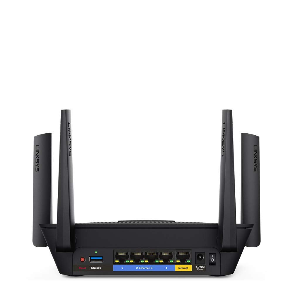 Linksys EA8300 back ports display multiple Ethernet connections for wired devices.