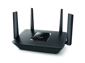 Linksys EA8300 front view shows sleek design for fast home Wi-Fi.