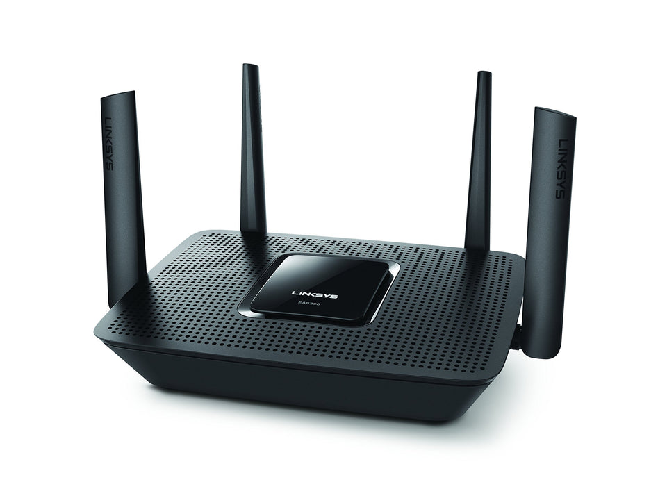 Linksys EA8300 front view shows sleek design for fast home Wi-Fi.