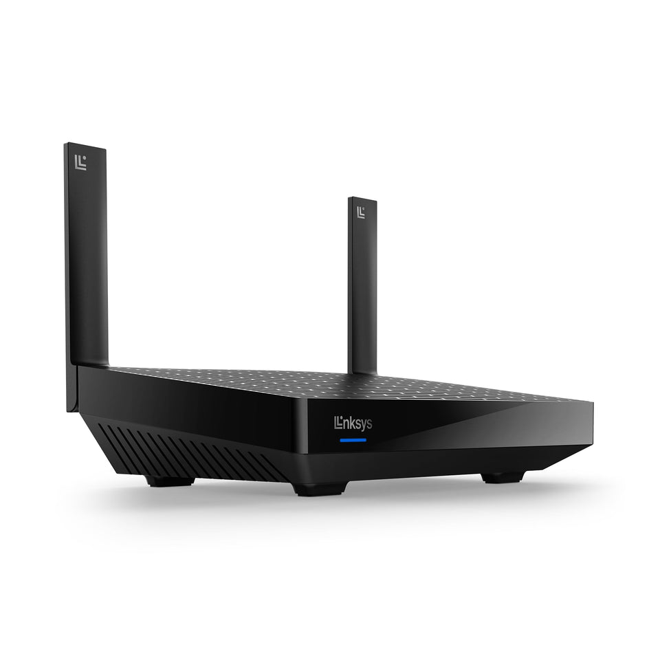Linksys Hydra Pro 6 router front view showing status LEDs for a fast home WiFi setup.