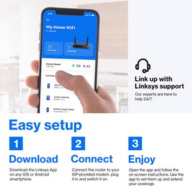 Linksys MR20EC app setup screenshot showcasing quick wireless network control.