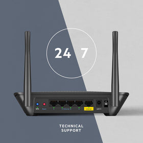 Linksys MR6350 next to common household items showing scale and compact footprint