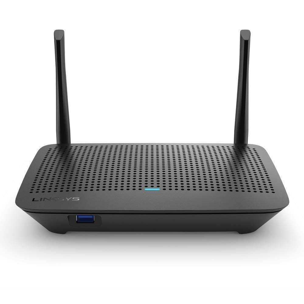 Linksys MR6350 top view, compact footprint ideal for centralized placement and strong signal.