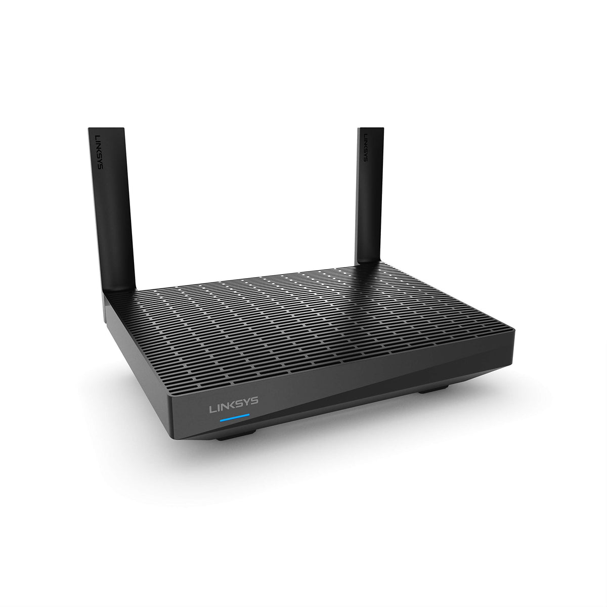 Linksys MR7350 front view showing sleek design and fast WiFi