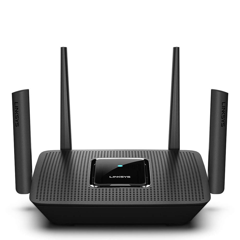 Linksys MR9000 front view highlighting tri-band router for fast 4K streaming