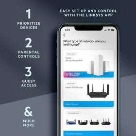 Linksys MR9600 renewed packaging with quick-start guide for easy setup.