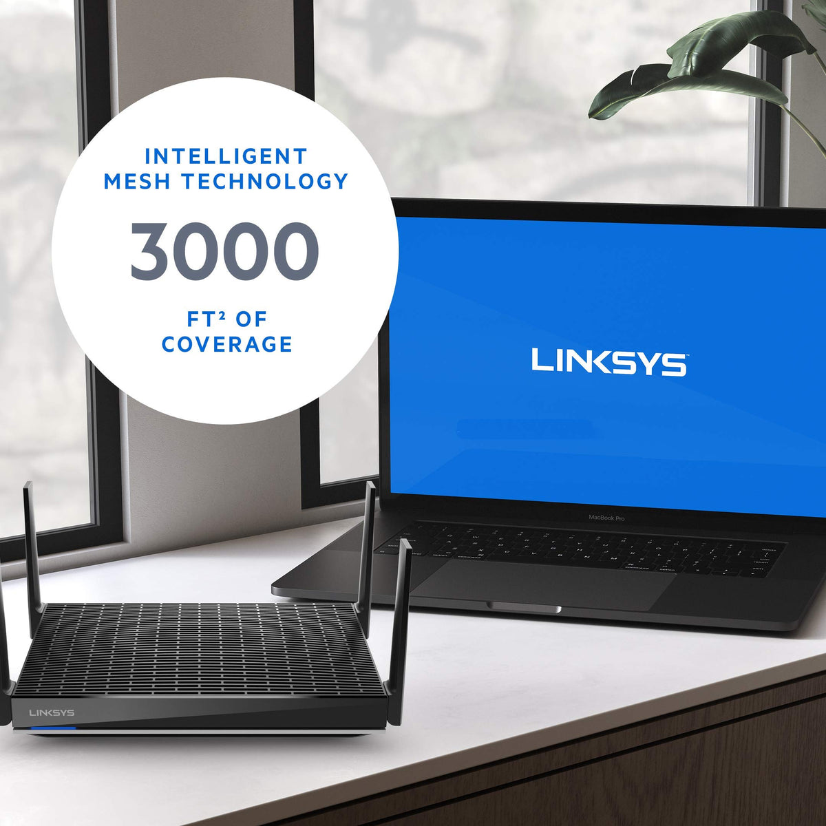 Linksys MR9600 renewed router back ports arranged for wired device expansion.