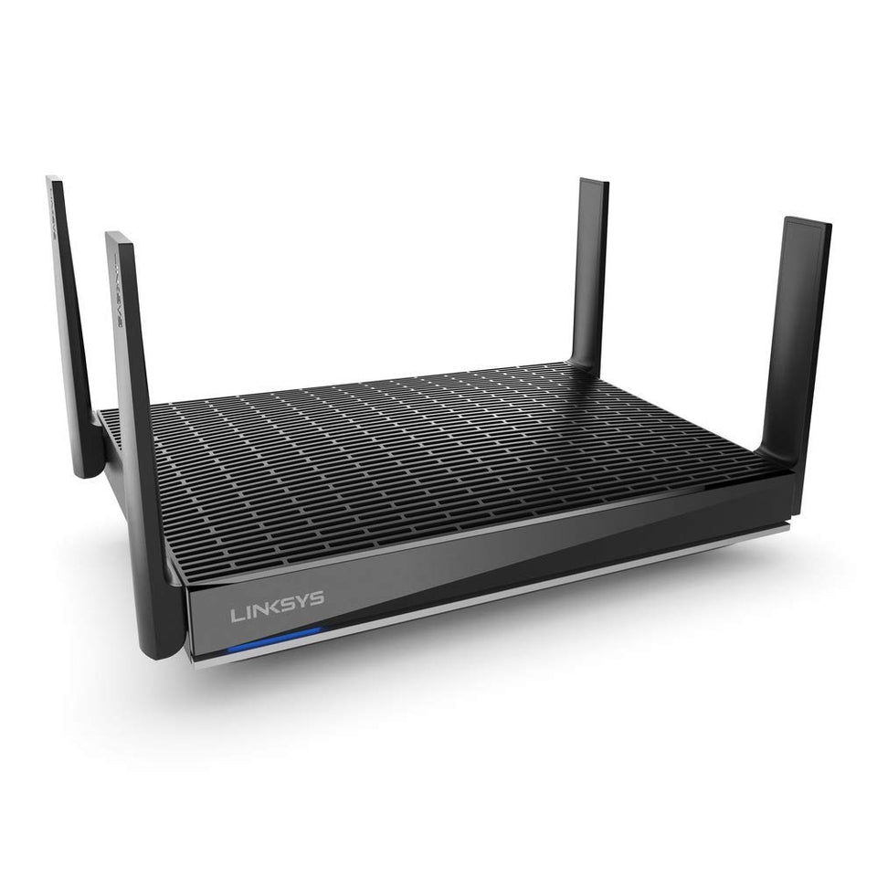 Linksys MR9600 renewed router front view with multiple antennas for strong mesh coverage.