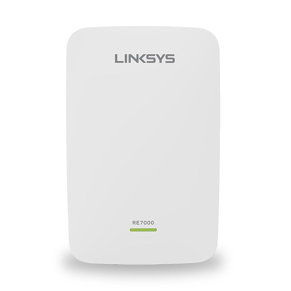 Linksys RE7000 front view shows a sleek white extender ready for home placement and improved coverage
