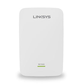 Linksys RE7000 front view shows a sleek white extender ready for home placement and improved coverage