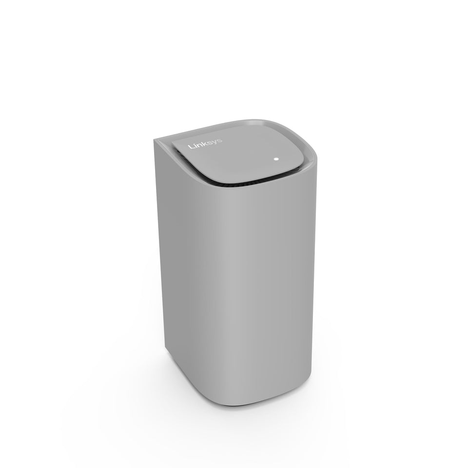 Linksys Velop Pro 6E router front view showing sleek grey design and strong coverage