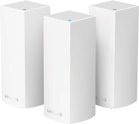 Linksys Velop tri-band front view showing strong home Wi-Fi coverage
