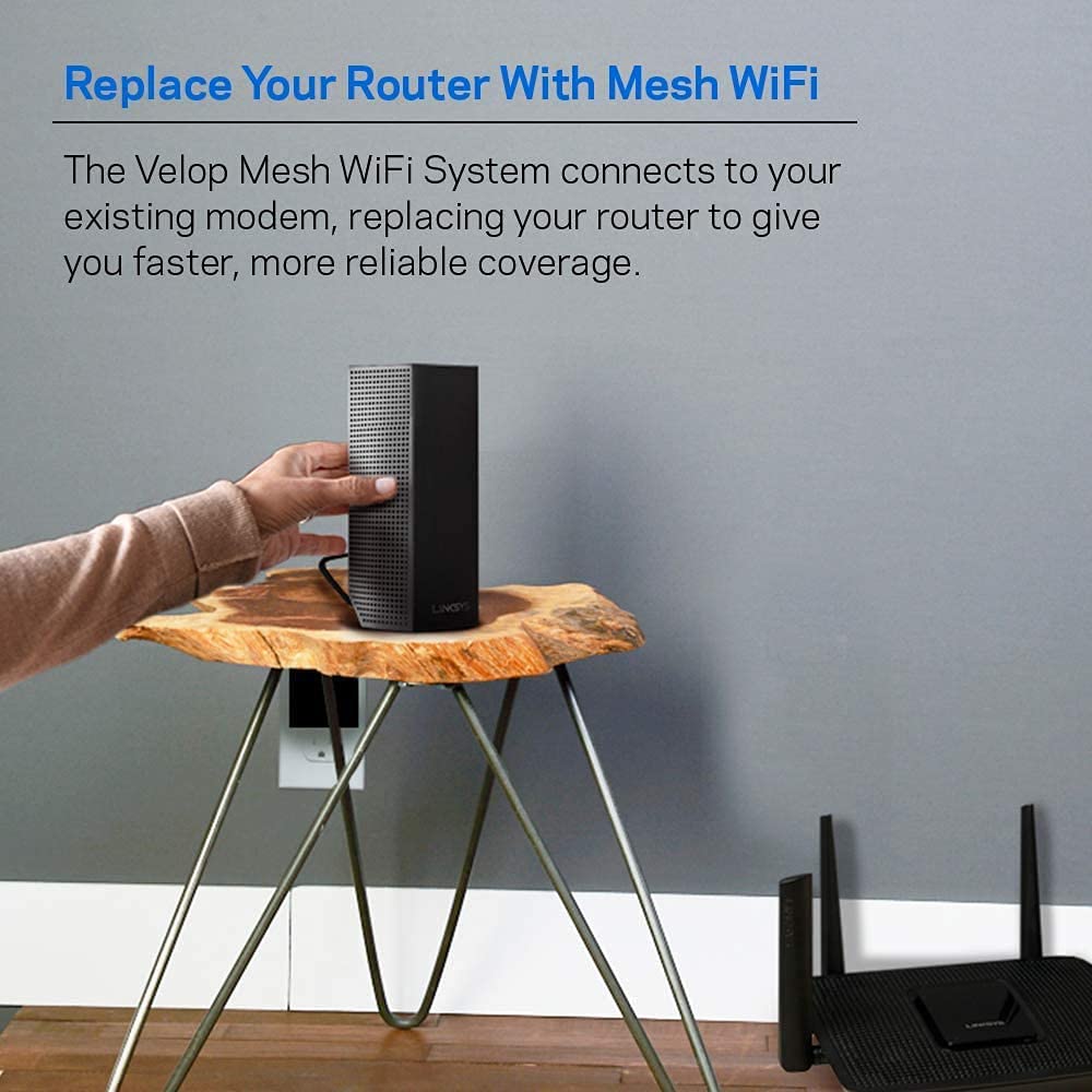Linksys Velop system side angle highlighting sleek form and easy placement