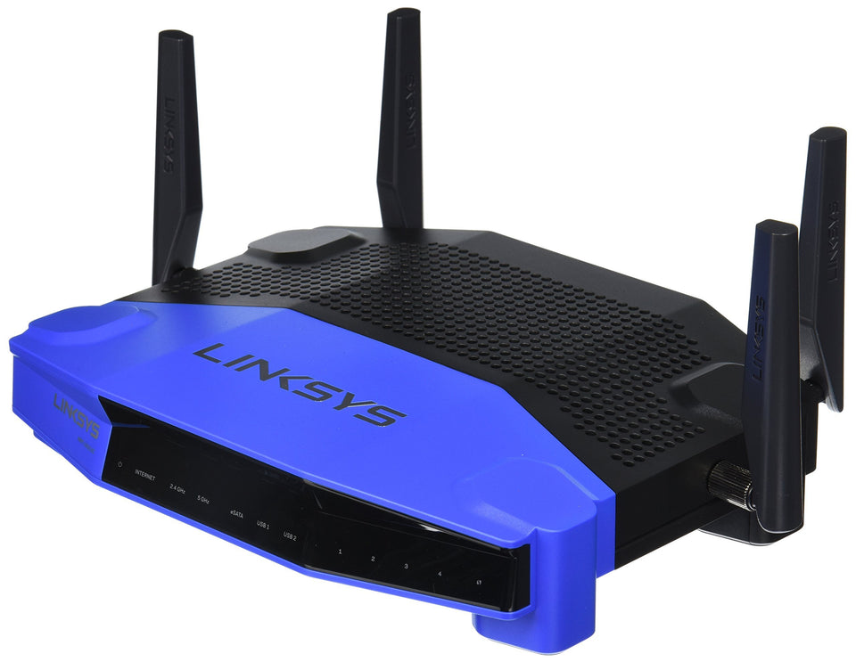 Linksys WRT1900AC router front view with four antennas for strong coverage