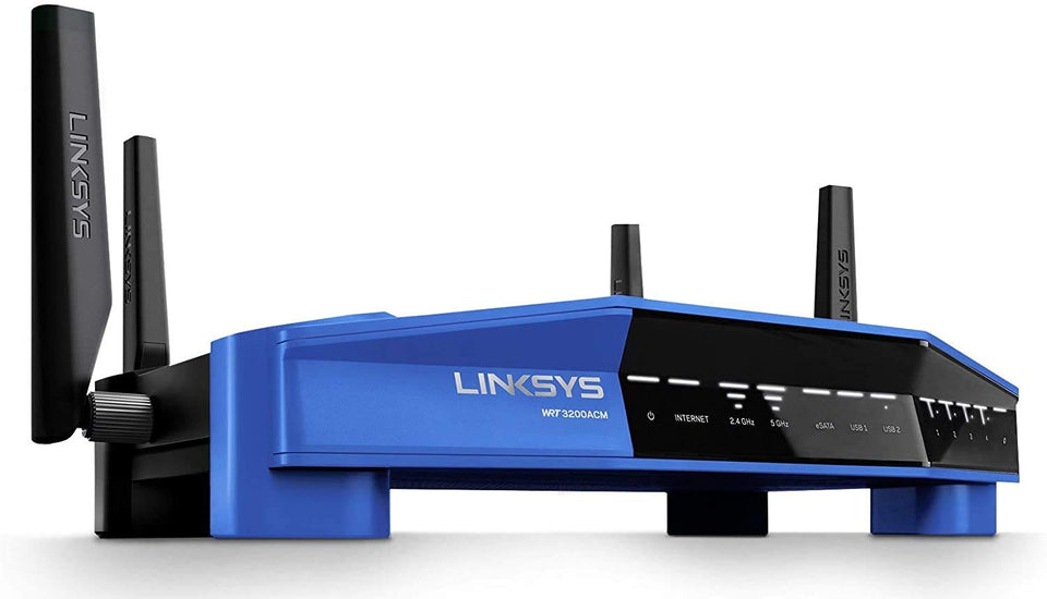 Linksys WRT3200ACM front view showing router design for home Wi-Fi use