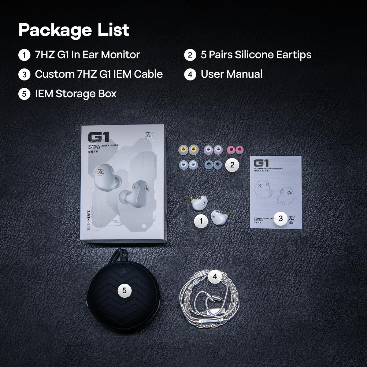 Linsoul 7HZ G1 accessories spread with tips and case showing ready-to-use versatility