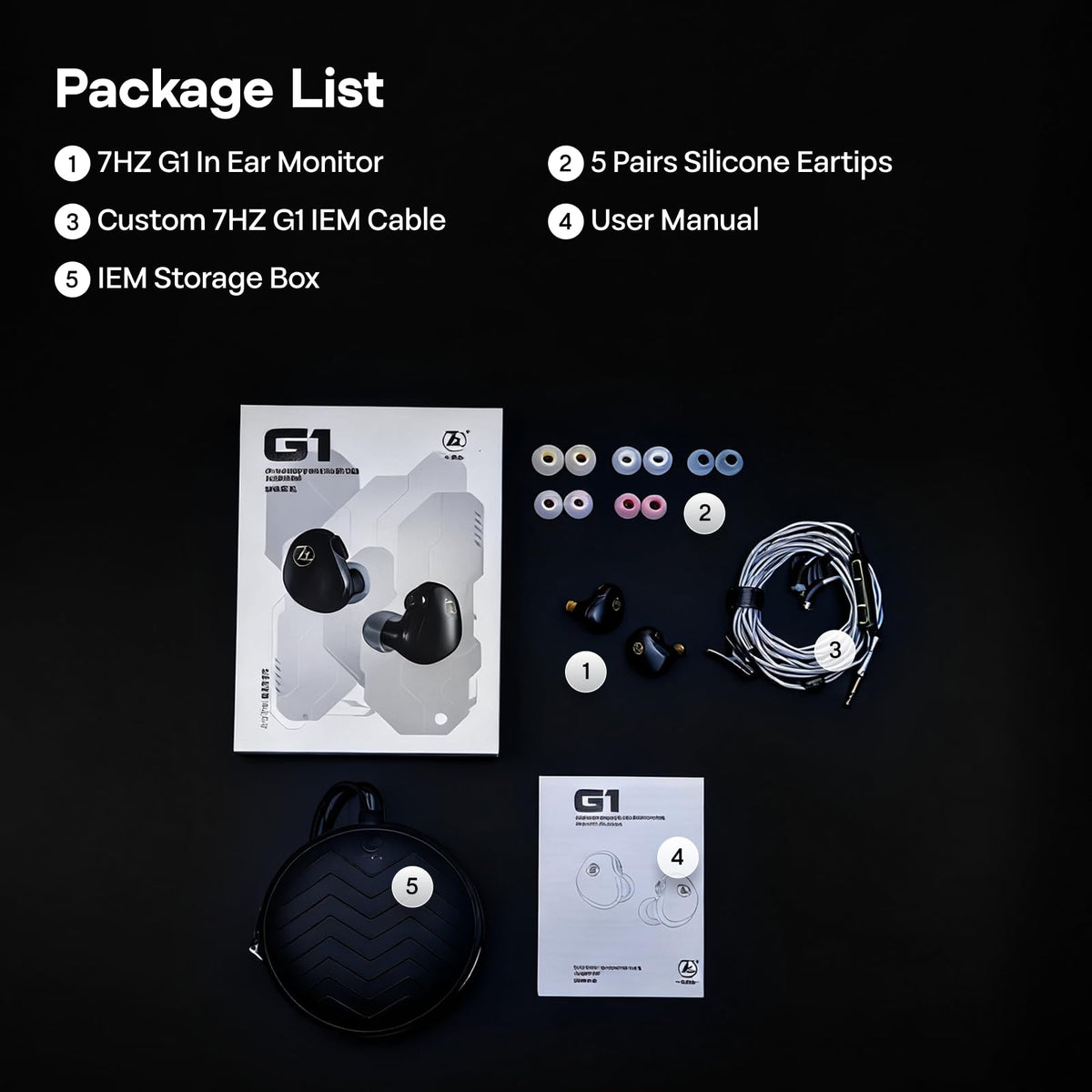Linsoul G1 packaging and accessories including spare tips and cable