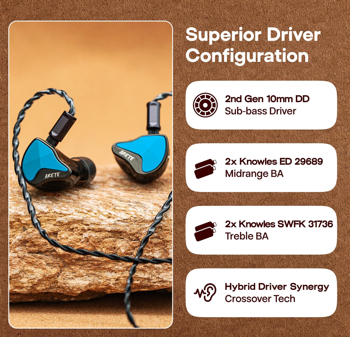 Arete II treble tweeters with Knowles for extended airiness and sparkle.