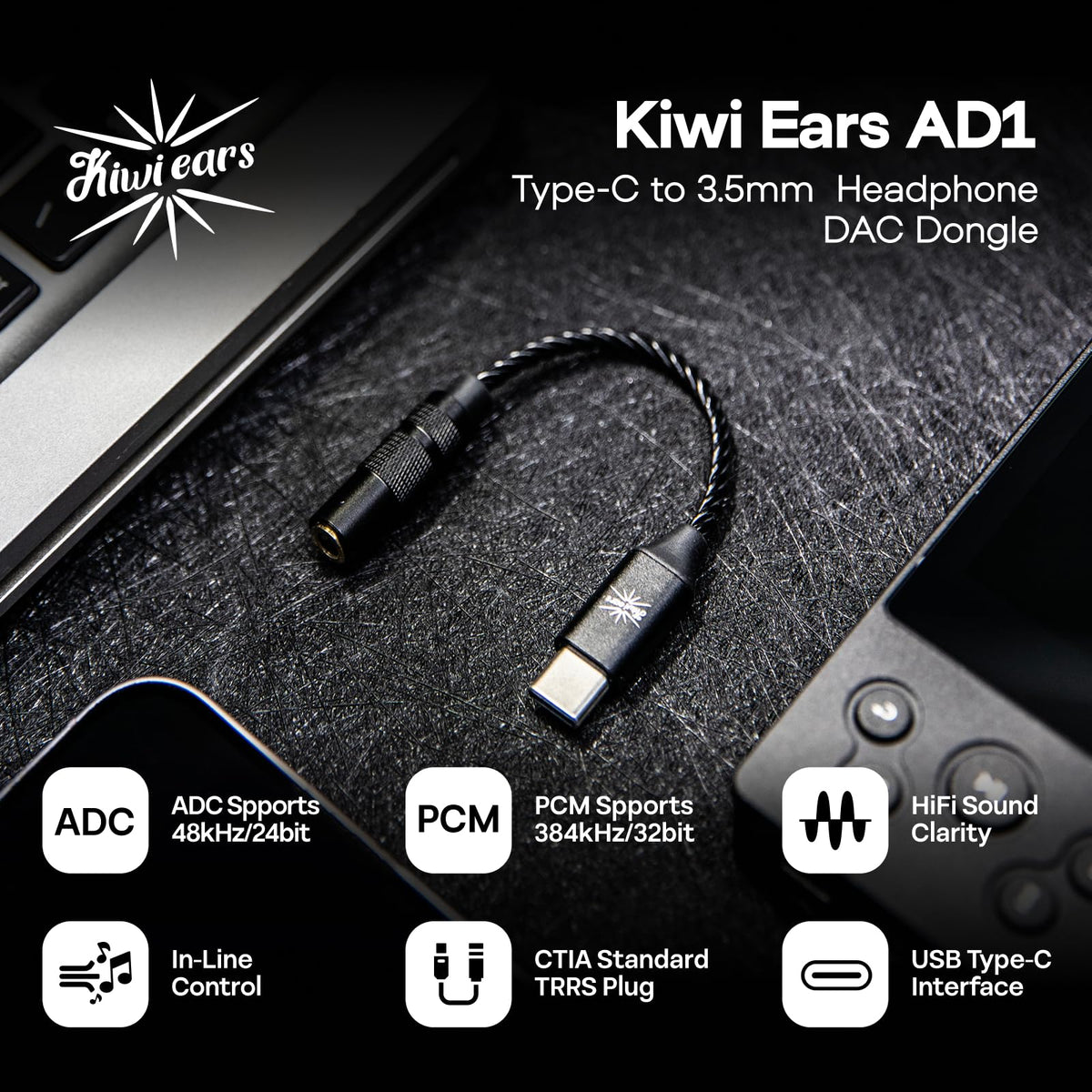 Kiwi Ears AD1 Type-C to 3.5mm connector highlights universal plug-and-play compatibility