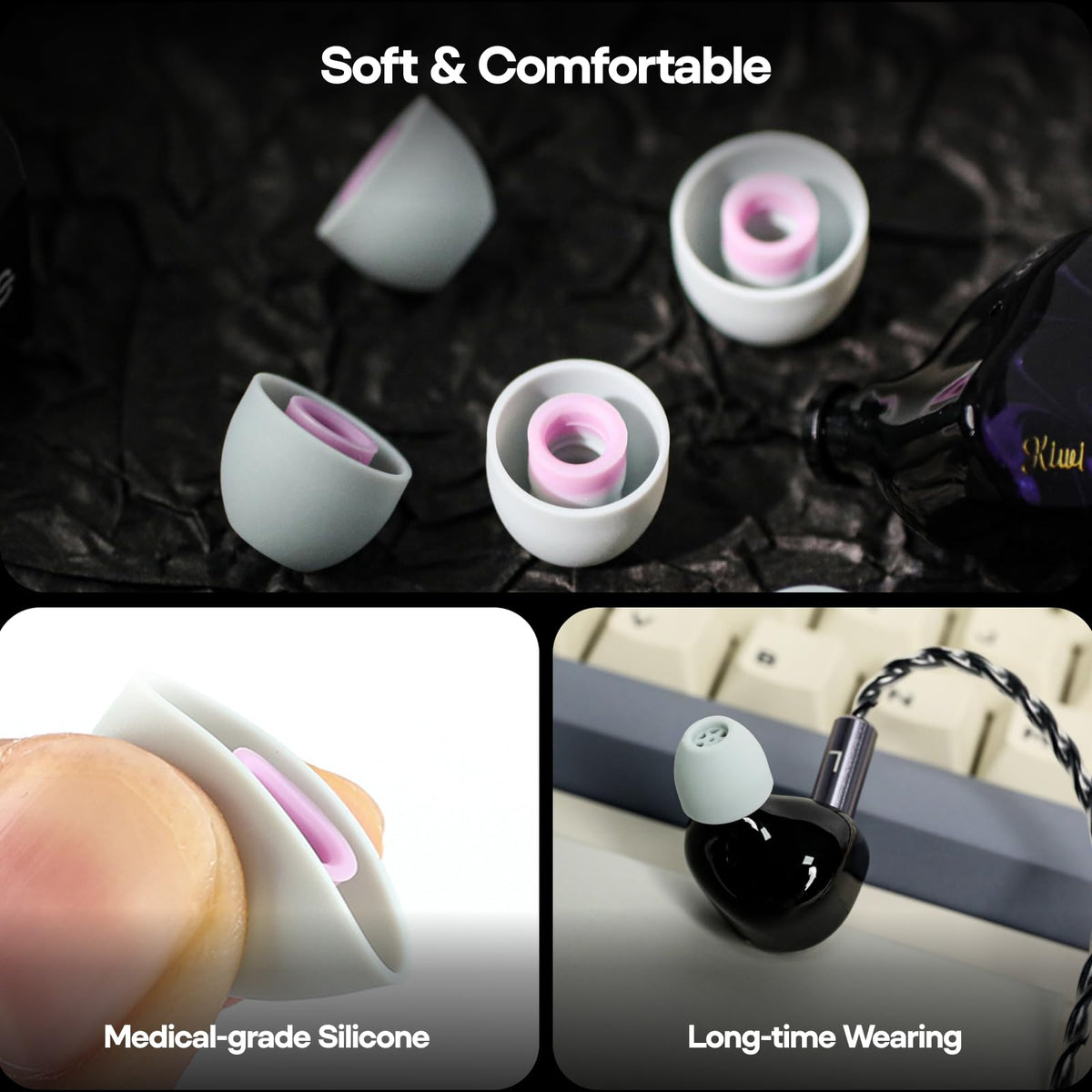 Linsoul Kiwi Ears fitted on IEM nozzle, demonstrates compatibility and secure fit