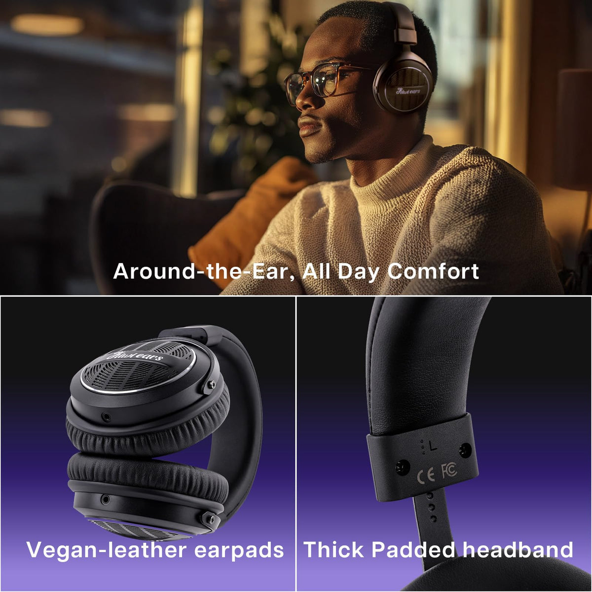 Plush vegan-leather earpads align with ears for immersive music.