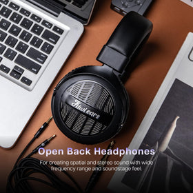 Vegan leather padding on the headband boosts comfort during extended listening.