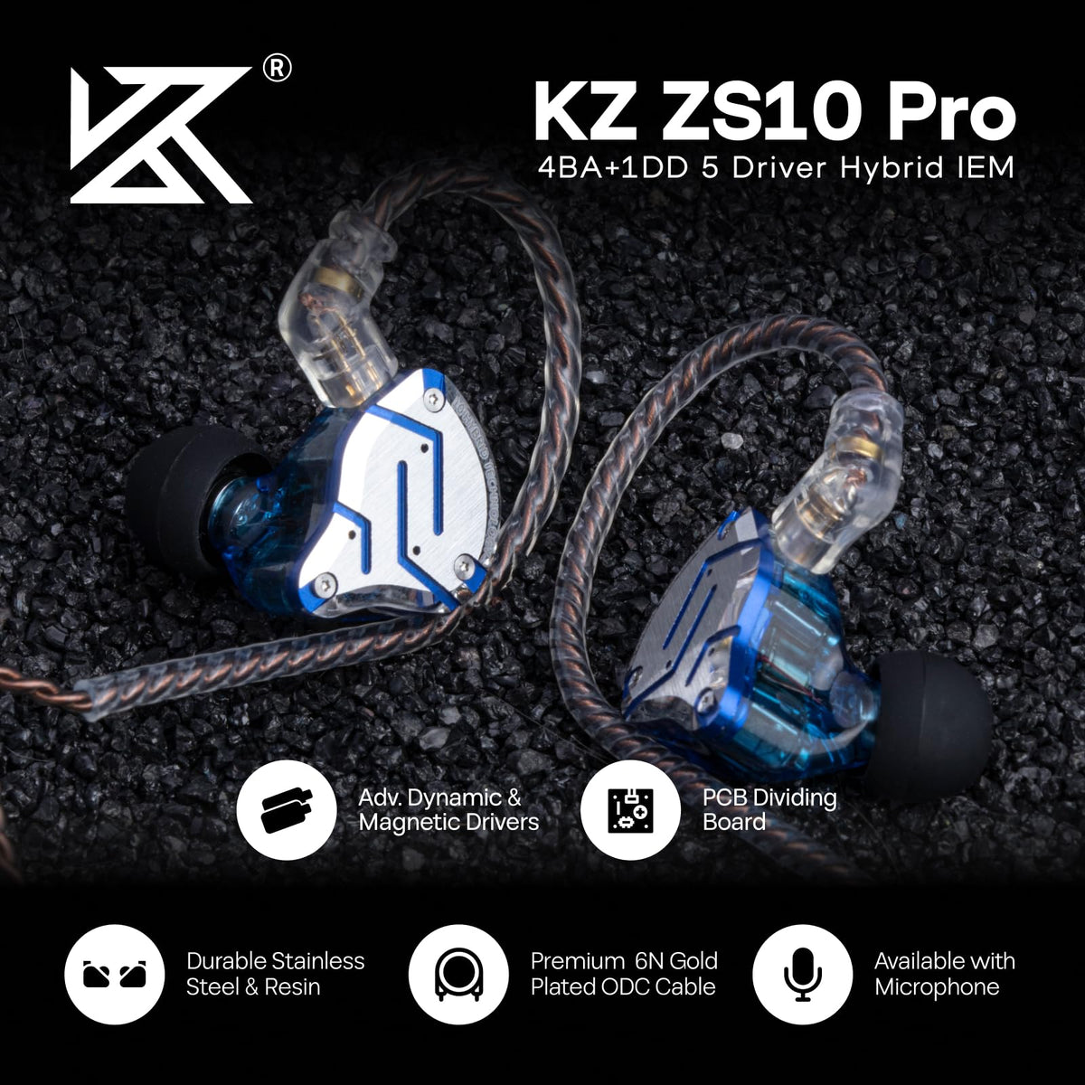 Linsoul KZ ZS10 Pro exploded driver view illustrating 4BA+1DD clarity