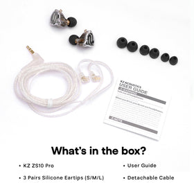 Linsoul KZ ZS10 Pro packaging and manual image indicating included accessories