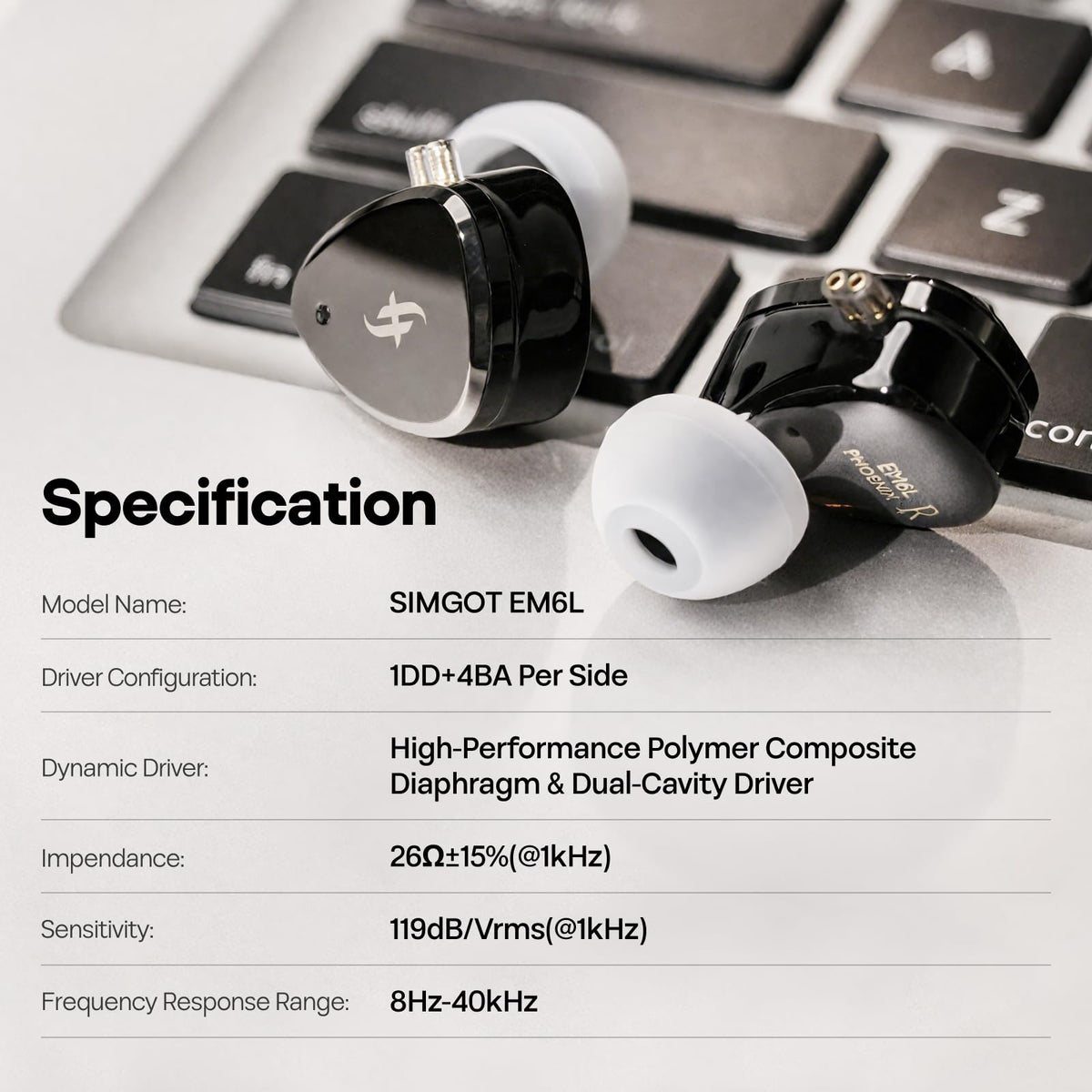 Linsoul SIMGOT EM6L dual-pin connectors and groove for a durable, secure fit.