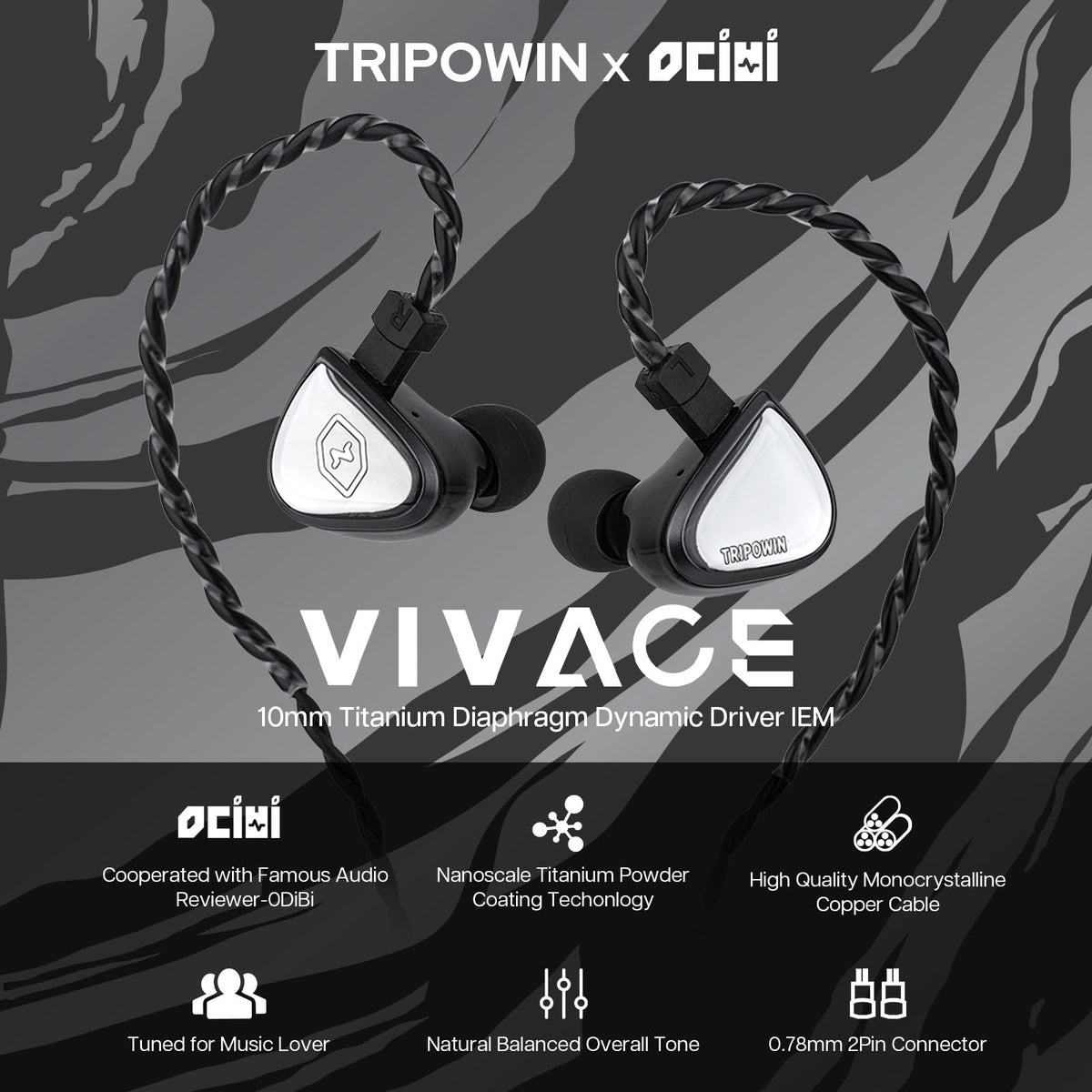 Linsoul Vivace 2-pin detachable cable enables upgrade-friendly, clearer audio.
