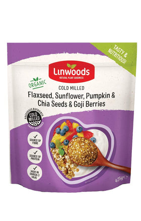 Linwoods Organic Milled Seeds and Goji Berries pouch open, ready to sprinkle for a nutritious boost.