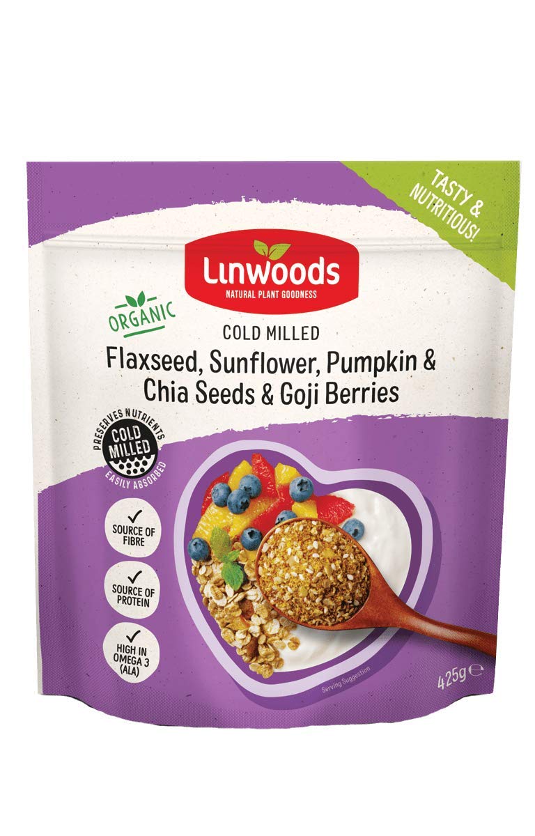 Serving bowl with Linwoods seeds and goji berries supports balanced snacking and energy.