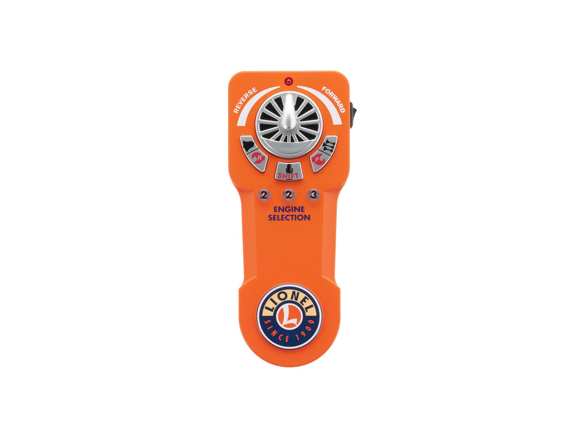 Lionel remote held in hand demonstrating compact scale and ergonomic grip