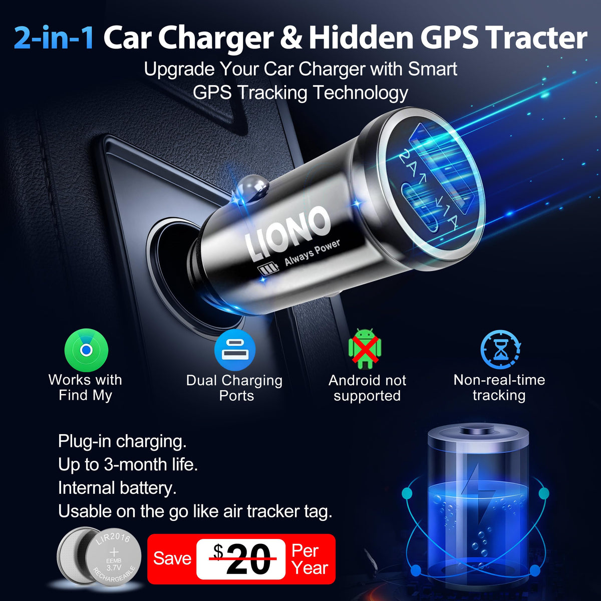 LIONO hidden charger integration mounted in-dash for seamless tracking.