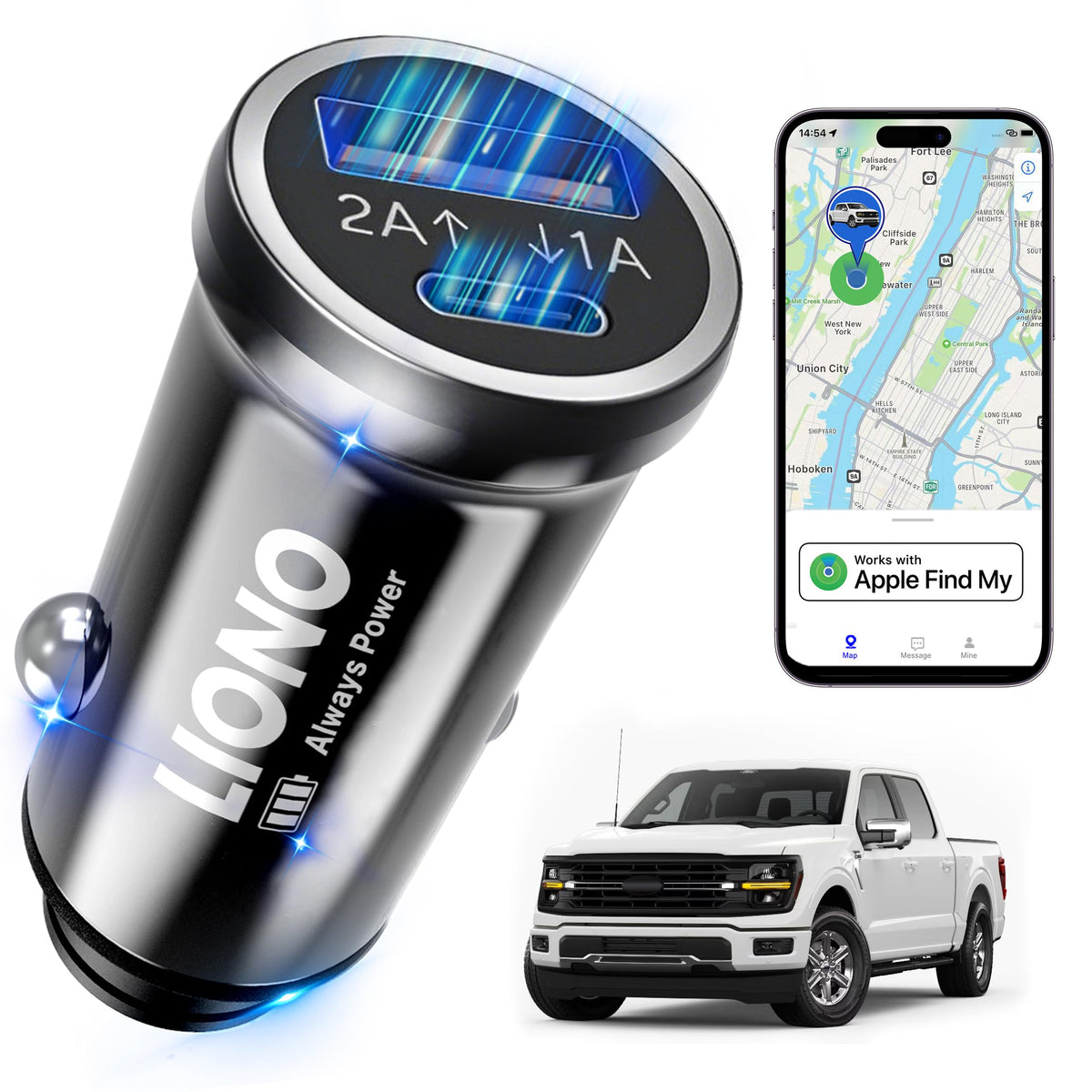 LIONO hidden car tracker charger for discreet anti-theft monitoring.