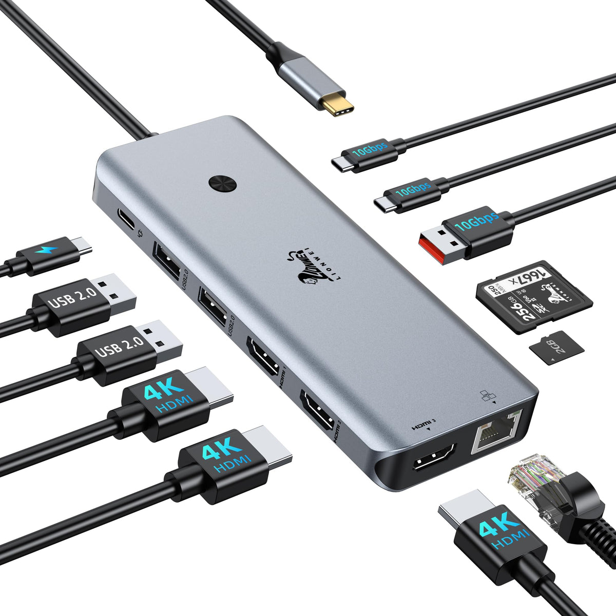 LIONWEI 12-in-1 docking station front view for quick desk expansion.