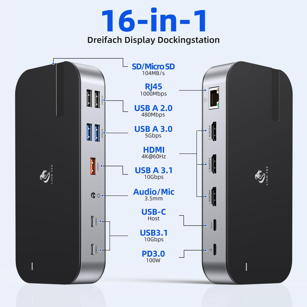 LIONWEI 4K triple HDMI dock for crisp visuals across three monitors