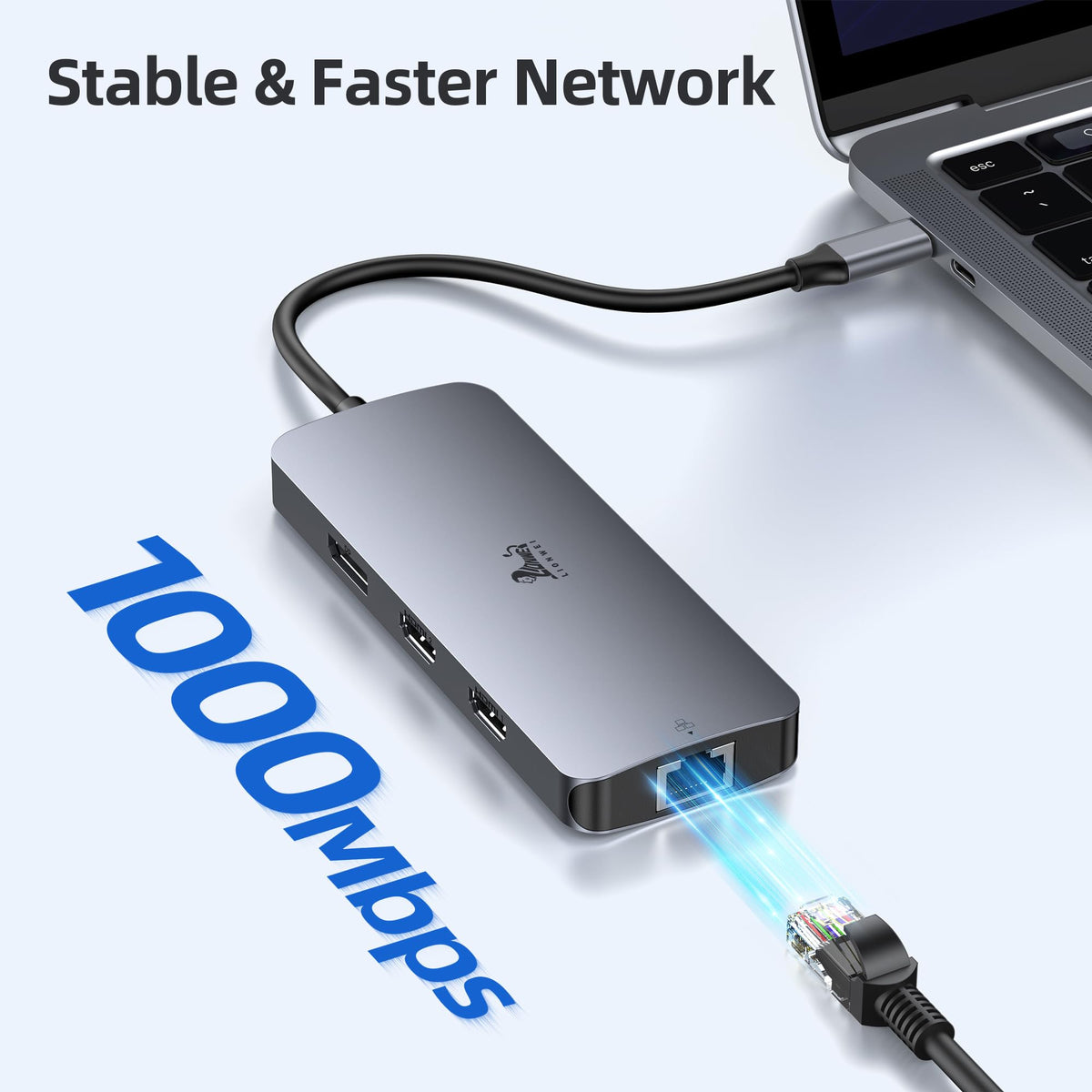 LIONWEI dock next to laptop illustrating compact size and space-saving benefit