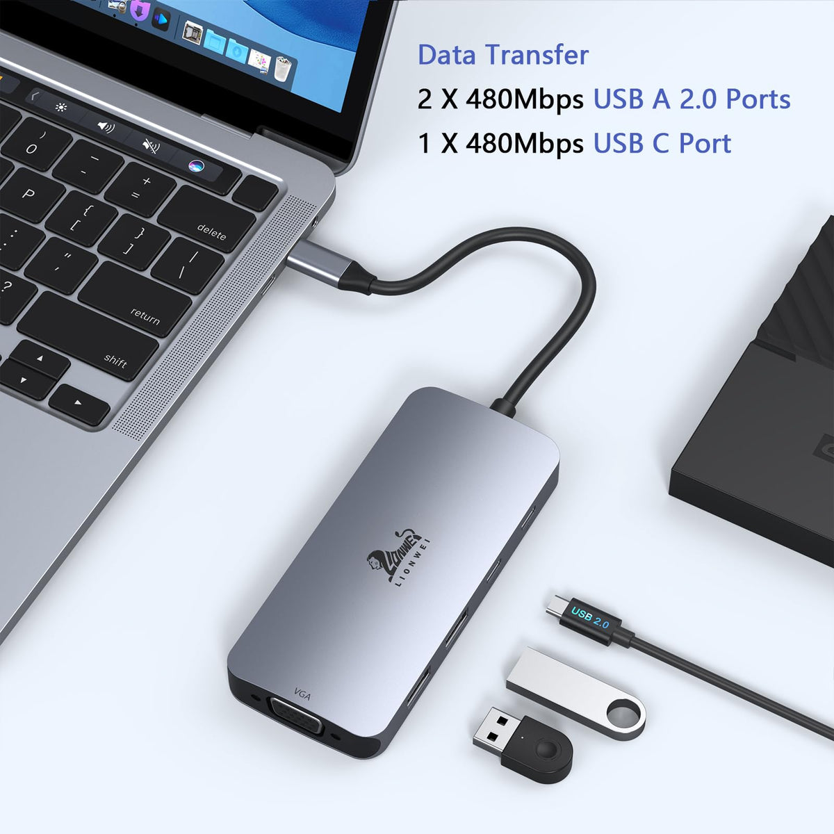 LIONWEI dock next to notebook to show compact size and easy portable desk setup