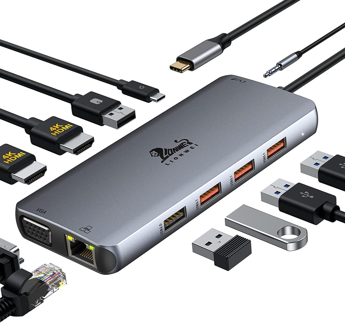 LIONWEI front view showing all ports and clear labeling for versatile connectivity