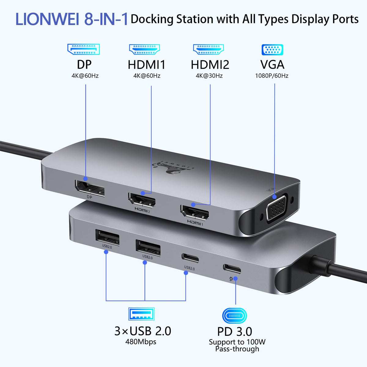 LIONWEI ports close-up highlighting HDMI DP VGA and USB for versatile connections