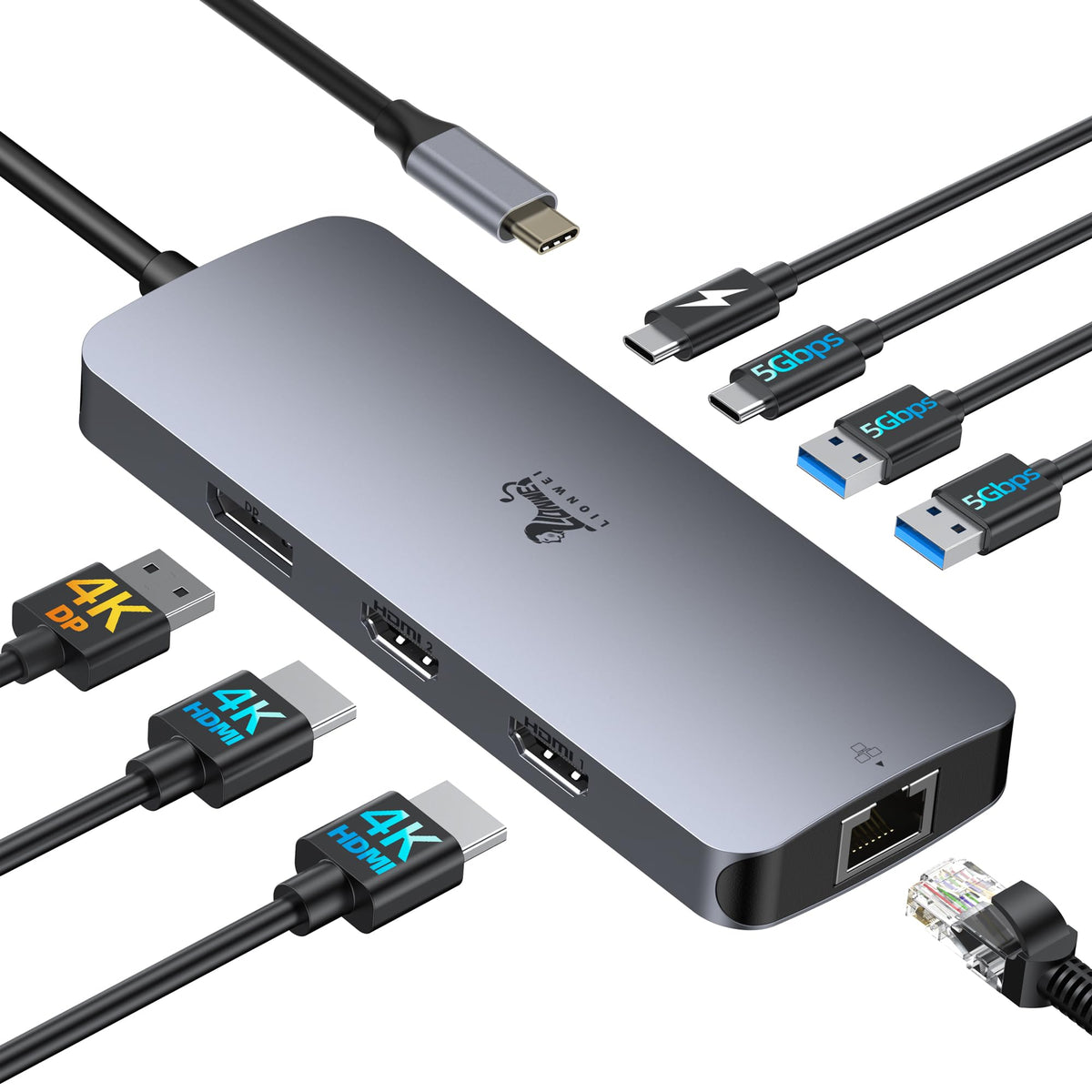 LIONWEI docking station front view showing ports and compact form for tidy desks