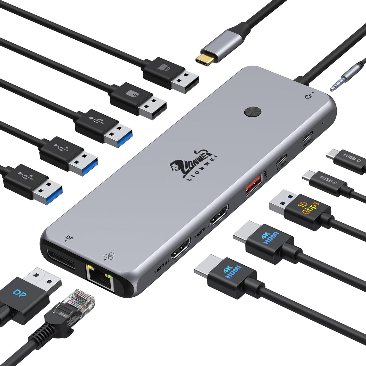 LIONWEI docking station front view showing organized ports and compact design benefit
