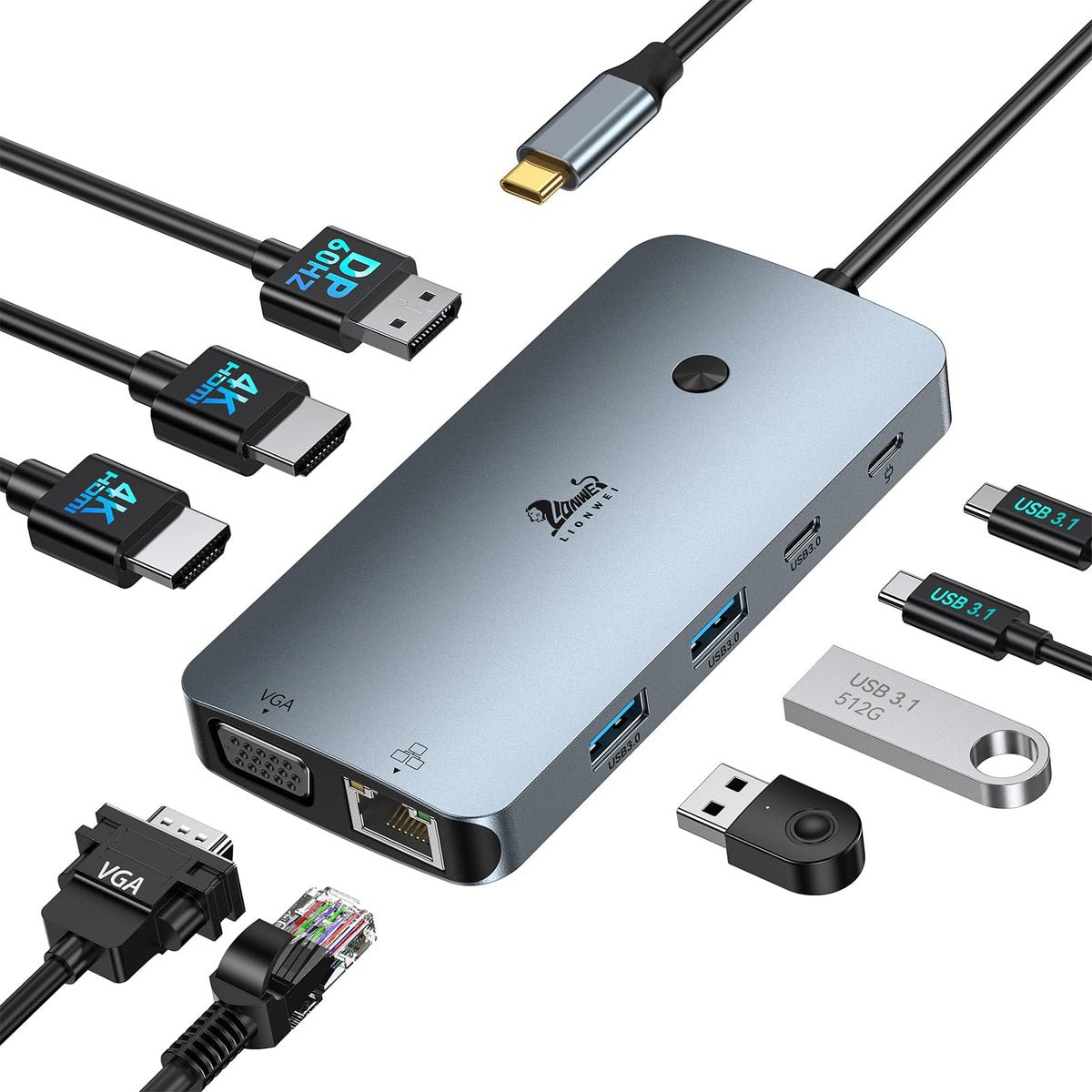 LIONWEI docking station front view showing ports and compact design, simplifies connectivity